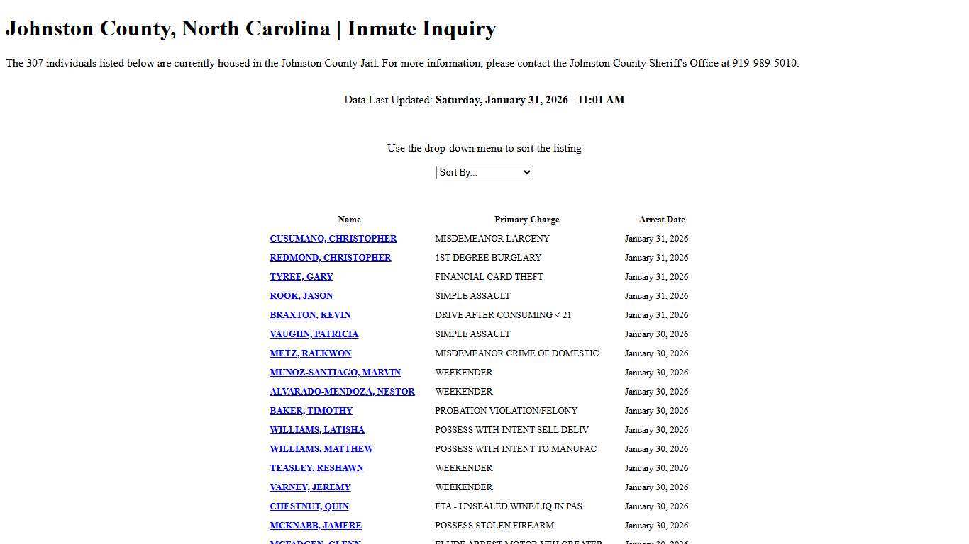 Johnston County, North Carolina Inmate Inquiry