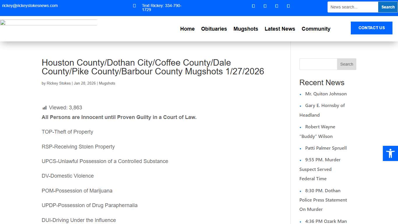 Houston County/Dothan City/Coffee County/Dale County/Pike County/Barbour County Mugshots 1/27/2026 - Rickey Stokes News